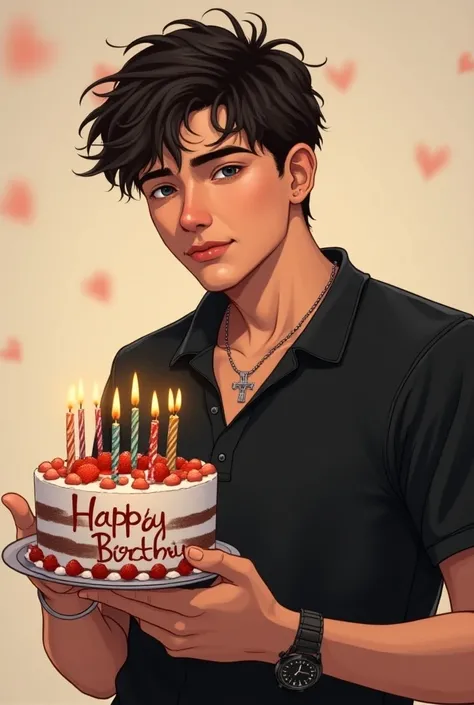  A cover with a handsome young man who has a birthday today has a messy hairstyle a mole on the right side of his mouth small lips with a black polo shirt  ,with Paloma short sleeve shirt open  , With a silver cross necklace watch in his hand and he has a ...