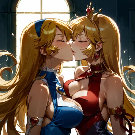 ((Best Quality)), ((masterpiece)), (detailed), （ perfect face）、 The beautiful blonde Kisaragi Honey hugs and kisses the demon king, gets married, falls in love with each other, and becomes a demon queen、The woman is wearing a gorgeous black devil dress 