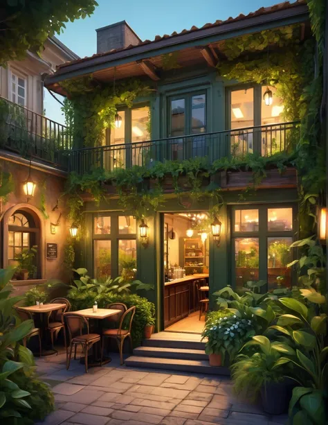 Detailed and vibrant illustration of a cozy, rustic café set in an urban environment. The layout features a two-story building with a charming, overgrown facade covered in lush green vines and plants. The lower level showcases an inviting outdoor seating a...