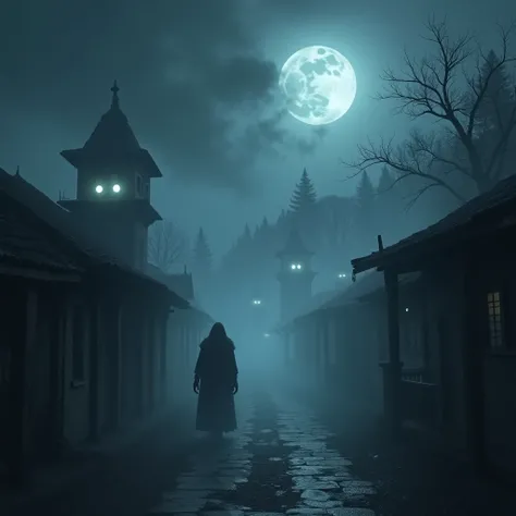 An ancient, fog-covered village named Kanchanpur under the moonlight, with a dark, eerie figure lurking in the shadows of the night, symbolizing a terrifying demon or ghost. The sky is dark and ominous, with glowing eyes watching from the distance.