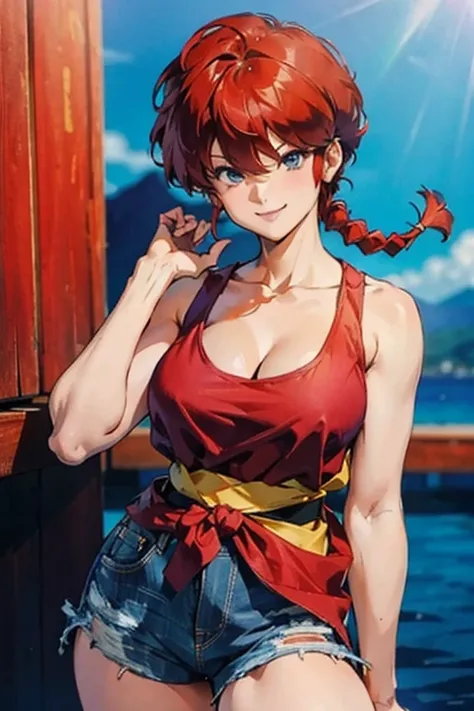 masterpiece, best quality, 1girl, ranma-chan, Ranma 1/2, cowboy shot, teenage, tomboy, genderswap (mtf), perky breasts,  shorts, cleavage, braid, short shorts, looking at viewer, tank top, breasts, solo, denim, denim shorts, collarbone,ranma saotome, braid...