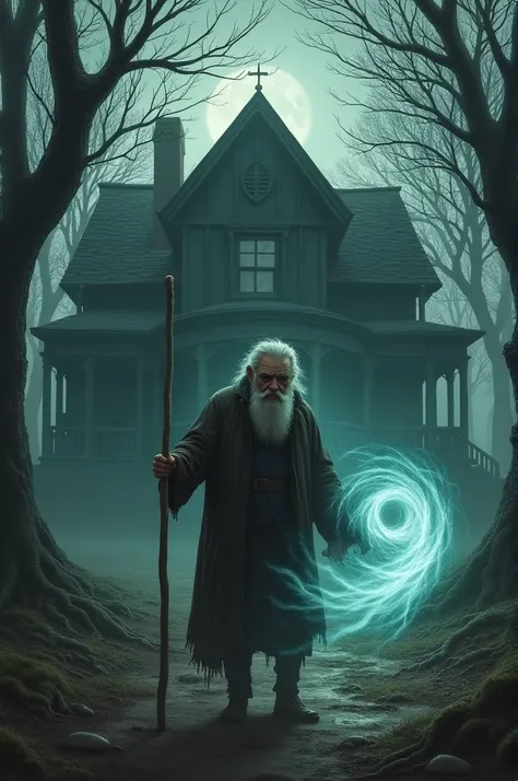 An old man will stand in front of a scary house with a stick in his right hand and a hurricane in his left hand and the old mans face will not be understood. There will be trees around the house. The color of the image will be dark.