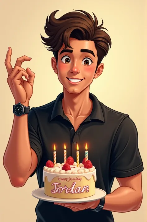  A cover with a handsome young man who has a birthday today has beautiful brown eyes ,The messy hairstyle a black mole on the right side of the mouth , Small lips, with a black polo shirt ,  watch in his hand and he has a cake in his hand and says happy bi...