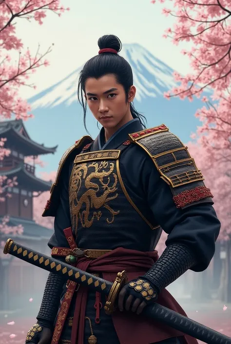 A disciplined samurai stands tall amidst the aftermath of a fierce battle in a serene cherry blossom grove. The background features Mount Fuji majestically towering over the horizon, with a traditional Japanese castle partially visible through the mist. Th...