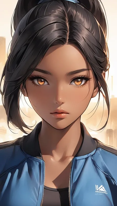 A close-up view of a semi-realistic anime-style woman, aged 21, with long, sleek black hair styled in a high ponytail. She has rich warm tan skin, glowing with a smooth, sun-kissed tone that gives her a vibrant and healthy appearance. Her face is sharp and...