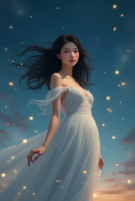  Beautiful Taiwanese woman with huge breasts is standing, with the wind blowing in the night with the twinkling of stars 