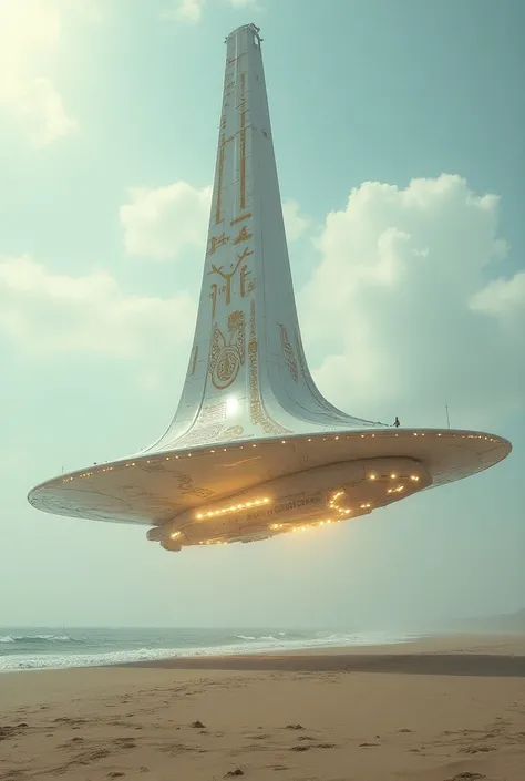 a massive nordic style alien unusual shape glowing bright ufo, extremely detailed and highly realistic, flying through the vast expanse of beach, with an enormous wingspan and intricate ornamental designs,white color and golden strip (best quality,8k,highr...