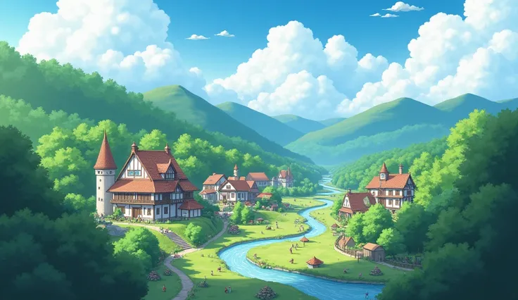 A small village in the valley--- a lot of clouds in the sky [Dreamy, anime style, high resolution]