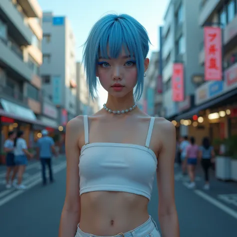  (Blue inner color hair、((Very Very Short Hair:1.5、Cecil Cut:1.5)、Blue Eyeshadow:1.3)、boyish:1.3)、(View from the front:1.5)、whole body:1.5、(Tokyo Street)、(Realistic、As shown in the picture、live-action、8k, Realistic, RAW Photos, Highest quality: 1.4), SLR c...