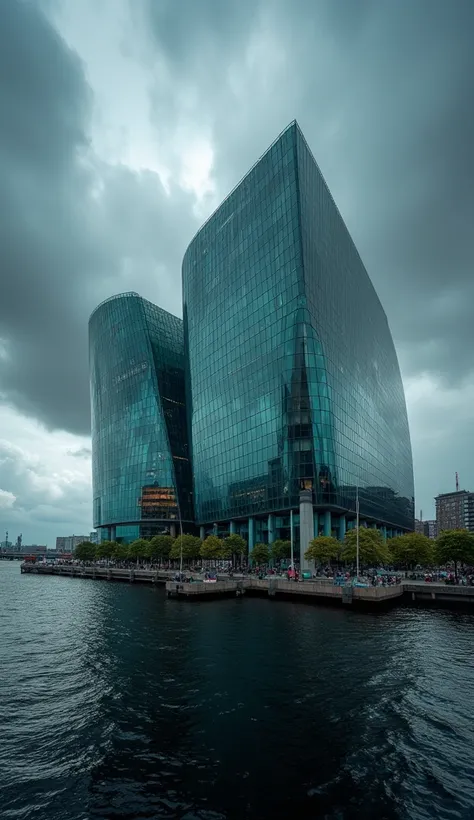 A stunning photo of the Elbphilharmonie concert hall in Hamburg, Germany, captured with a Canon EOS 5D Mark III, dramatic moody setting, unique architecture, glass structure against a stormy sky, sharp details, rich contrast, natural lighting, shutter spee...