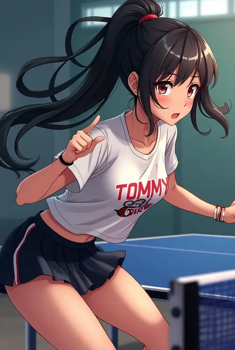 One woman, beautiful girl 、high school student、rikka takarada gridman sss  style girl, table tennis  , white top with bookquas forming the TOMMY GIRL slogan,,miniskirt,bracelet、Side tail、 Take a jump throw 、 of the highest quality ,  thick thighs、big ass、 ...