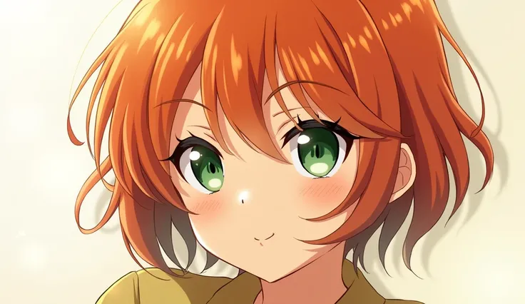 A young woman with (short orange hair, green eyes) [anime style, high resolution]