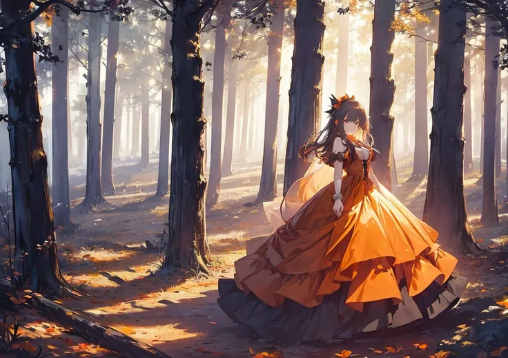 A beautiful girl stands in a spooky forest. She is wearing a Halloween-style dress and her fluffy orange cape is fluttering in the wind. Behind her, the shadow of the Haunted Mansion can be seen, creating a mysterious atmosphere