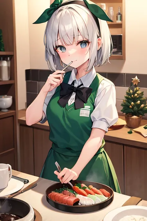 {{Youmu}}, grey_eyes, hair_ribbon, short_white_hair, blunt_bangs, 16_years_old, black_hairband, black_hair_ribbon, collared_white_shirt, black_bowtie, green_vest, puffy_short_sleeves, green_circle_skirt, frilled_skirt, socks, straight-on, {{{game_cg}}}, ye...