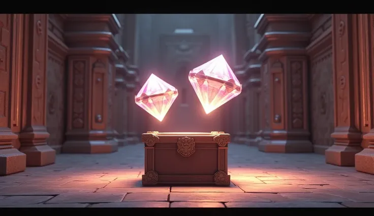 Generate 3d animated image of a box and two diamonds shining alot in fort