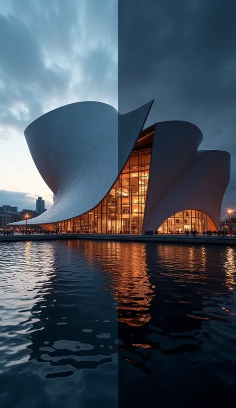 an advertisement showcasing a before and after look in  "Rich Blacks V3 Preset Pack," featuring a dramatic before-and-after comparison of the Elbphilharmonie concert hall in Hamburg, Germany, exhibiting rich dark tones, impressive detail, split vertically,...