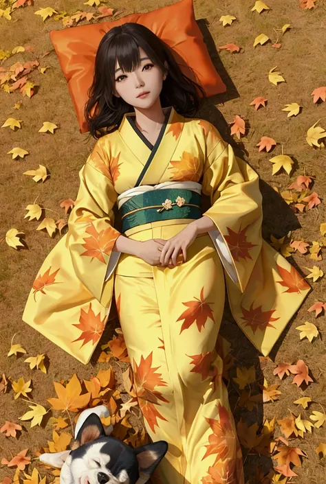 Girl in kimono lying down and puppy running around　grassland　Poured Sun　Autumn sky　Yellow autumn leaves