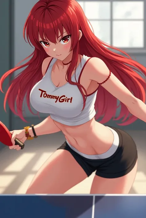 One woman, beautiful girl 、high school student、rikka takarada gridman sss  style girl, table tennis  , white top with bookquas forming the TOMMY GIRL slogan,,miniskirt,long red hair bracelet,forehead bangs 、 Take a jump throw 、 of the highest quality ,  th...