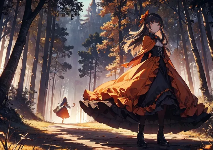 A beautiful girl stands in a spooky forest. She is wearing a Halloween-style dress and her fluffy orange cape is fluttering in the wind. Behind her, the shadow of the Haunted Mansion can be seen, creating a mysterious atmosphere