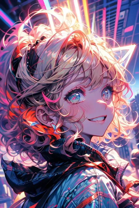  blonde ponytail, A light smile, Red ears, tooth,  Pink Hair, bangs,  curly hair,  side blade, halo,Surrealism,  drop shadow , Anaglyph, stereogram, Character portrait, throw, Atmospheric Perspective, 8k, Super detailed, Accurate, Best Quality