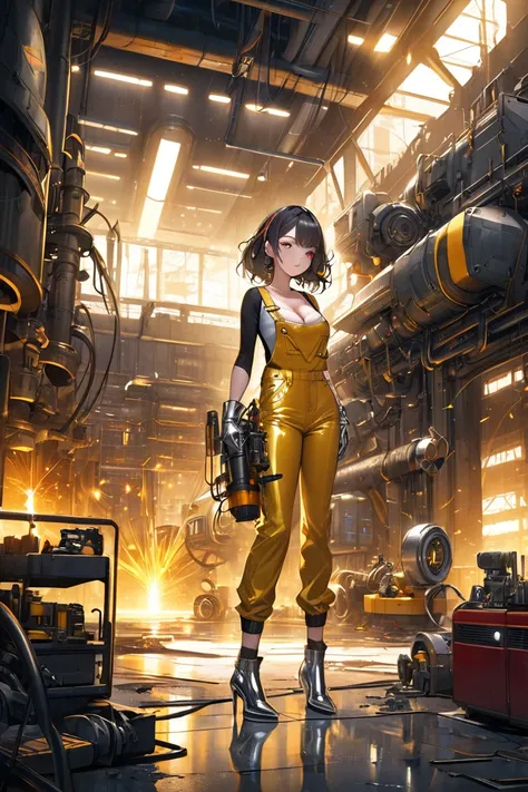 A pretty girl in shiny reflective jeans and yellow overalls, cleavage, wearing red and silver gloves and high heels, in a futuristic industrial setting. Surrounded by tools, machinery, sparks flying, and pipes, the room is filled with sci-fi industrial fas...