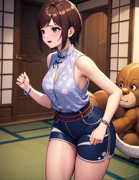 ((masterpiece, Redeem,  very detailed,  very beautiful 8K scene wallpaper)), , A little thick,Side part semi-short, medium hair,Ireneの前髪,  slightly reddish brown hair , Side part semi-shortヘア,Messy Hair,  slightly reddish brown eyes ,Monkey Fist player、( w...