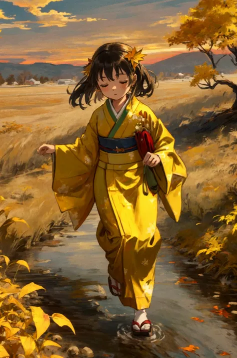 sleeping girl in kimono　puppy running around　grassland　poured sun　autumn sky　yellow autumn leaves