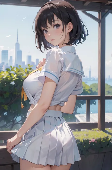 ((NSFW:1.2))、((Backwards、Looking back、Beautiful buttocks、Bare Hips、back))、(((Big Breasts、Beautiful breasts)))、((Sailor suit summer uniform、Short sleeve white shirt、 Dark Blue Micro Mini Skirt、Navy Pleated Skirt))、((Beautiful belly button))、((Very short bla...