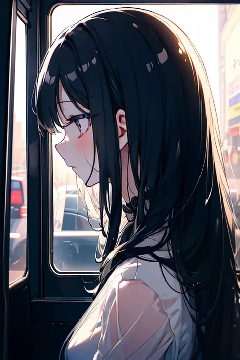 One girl、Mature、 White Sheer Skin、Long black hair、Shiny Hair、Downcast eyes、Long eyelashes、Look down、profile、 beautiful face 、美しいprofile、On the Midnight Bus 、Window、