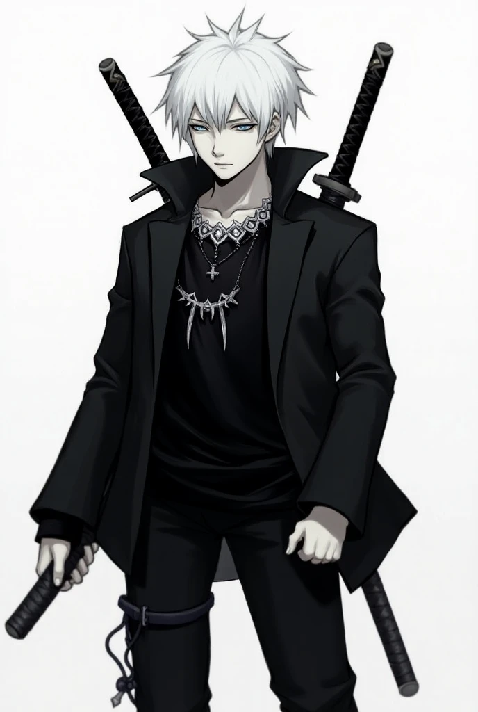 My character is from Roblox his name is KeReo _13XD have white hair like tips Asia down 
He has enough black clothes or a jacket he wears a necklace with thorns he has two katanas on his back his skin is white 