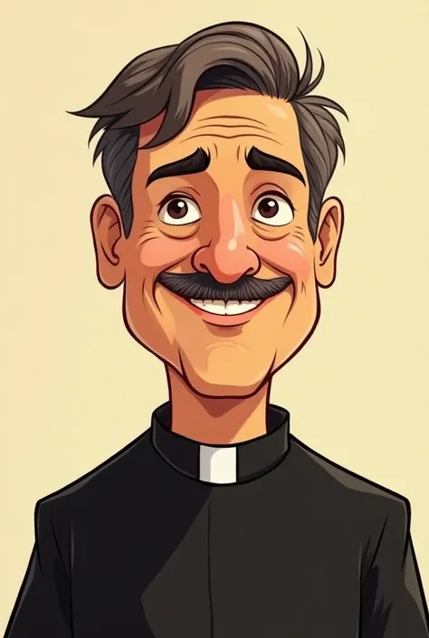 Catholic image of a brown priest , high,  short hair, black hair with a few gray hairs,  with a mustache, approximately 60 years old (cartoon)