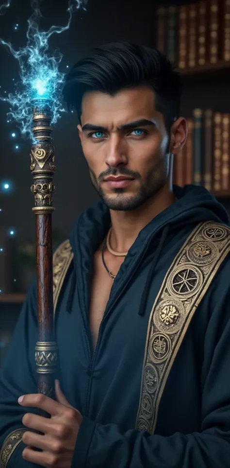 Create a stunning, photorealistic masterpiece with impeccable lighting and the highest quality rendering. Capture every intricate detail of a handsome 30-year-old Italian wizard with a muscular build and curved features, boasting brown skin and piercing, l...