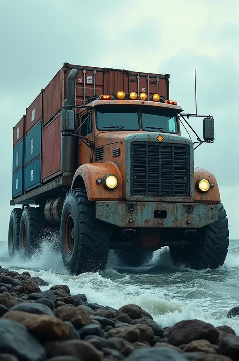 "Imagine a colossal hybrid machine that fuses the massive, industrial strength of a cargo ship with the rugged, all-terrain power of a truck. This dangerous hybrid features the towering hull and container-laden decks of a cargo ship, but with enormous truc...