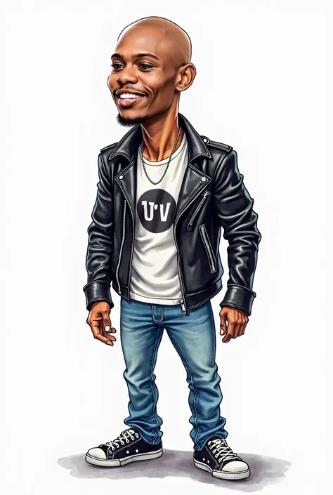 Caricature, Comic god Dave Chapelle, standup comic stage attire, black leather jacket, blue jeans, graphic tee shirt , throw-in, super deformed, line art, watercolor