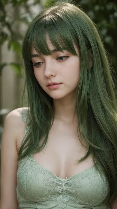 bust shot. a european girl. shy expression. delicate features. round face. half-closed eyes. green eyes. long messy hairstyle. green hair