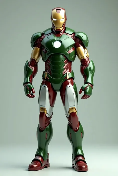 Create a image of Iron man, wearing Pakistan flag color suit,Number 56 written on front of suit, stand straight,, 3d animated. 