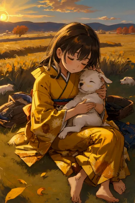 sleeping girl in kimono　grassland　poured sun　autumn sky　yellow autumn leaves　snuggling puppies