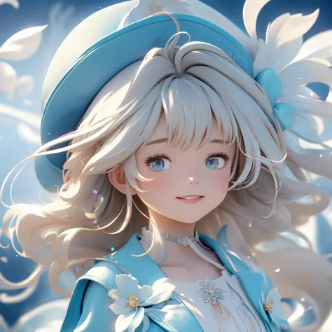 (masterpiece:1.2),(4K),high quality, super high definition,( Perfect Anatomy),(1 girl), very detailed faces ,Silver long hair, Beautiful Delicate Blue Eyes , has a smiling face , viewers,Long Sleeve Petal Collar Blouse , White Newsboy Cap ,Tiered skirt,Unf...