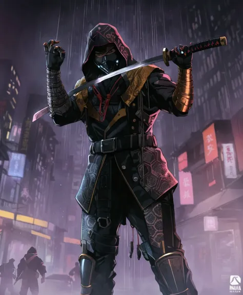 arafed image of a man in a hoodie holding a sword, cyberpunk samurai, mystic ninja, ronin, cyberpunk assassin, katana zero video game character, mk ninja, urban samurai, cyborg ninja, epic ninja suit, inspired by Kanō Hōgai, cyberpunk street goon, thief wa...