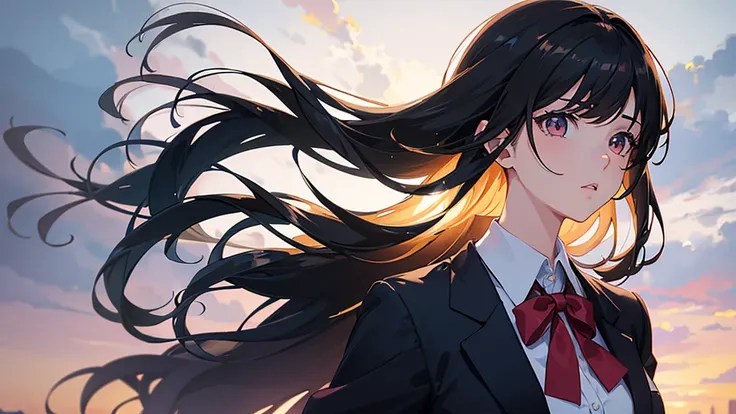 1girl, school uniform with brown ribbon and blazer, white blouse, long straight black hair, detailed eyes, detailed lips, extremely detailed face, long eyelashes, hair covering eyebrows, hair flowing over shoulders, side-swept bangs, kneelength hair, gazin...