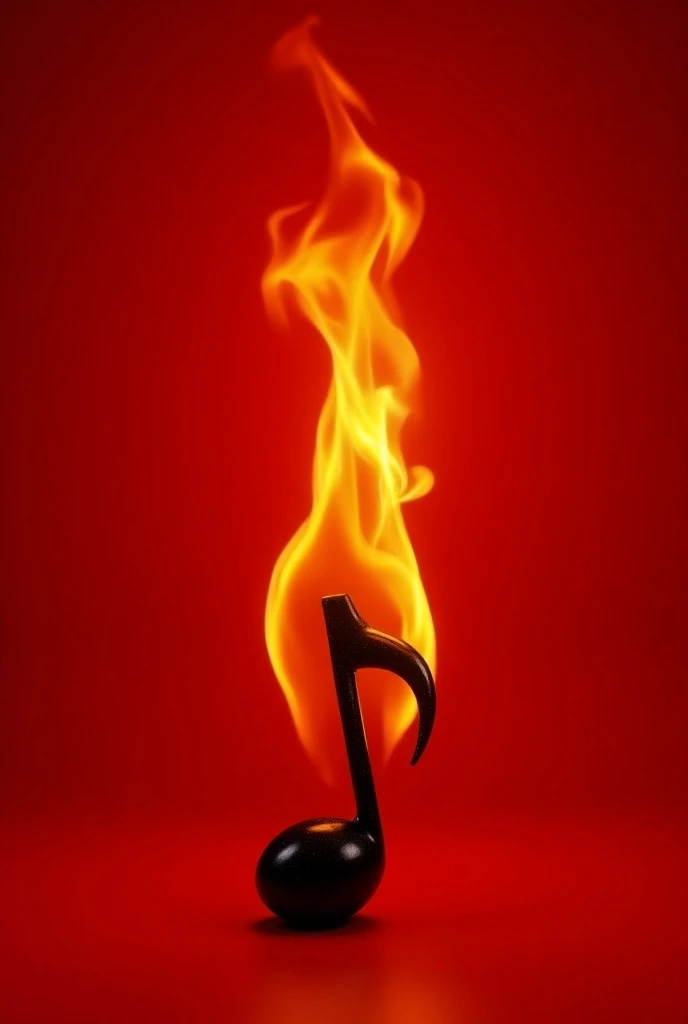  A single musical note ,  black and set on fire on a red background, with realistic flames and 3d,  with an inscription:"EldeGo "