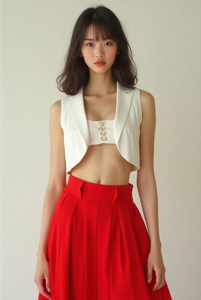  DEPICTS A GIRL WEARING A RED SKIRT ,VEST /BOLERO PUTIH SUPER CROP TANPA KANCING DAN VEST NYA TERBUKA