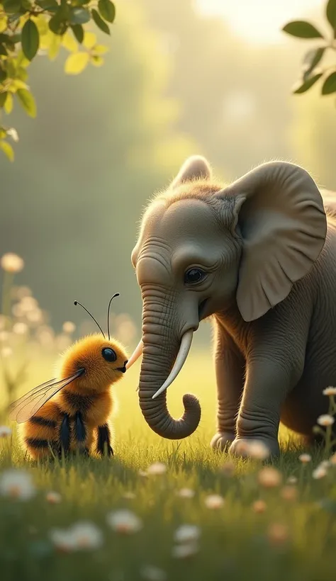 (full Body:1.3), 
hyperrealistic photo,
beautiful rich vivid harmonic light pastel colours, 
of two animals watching facing each other interested,  
a single bee and an single elephant looking at and observing each other, 
sitting in the meadow while sun i...