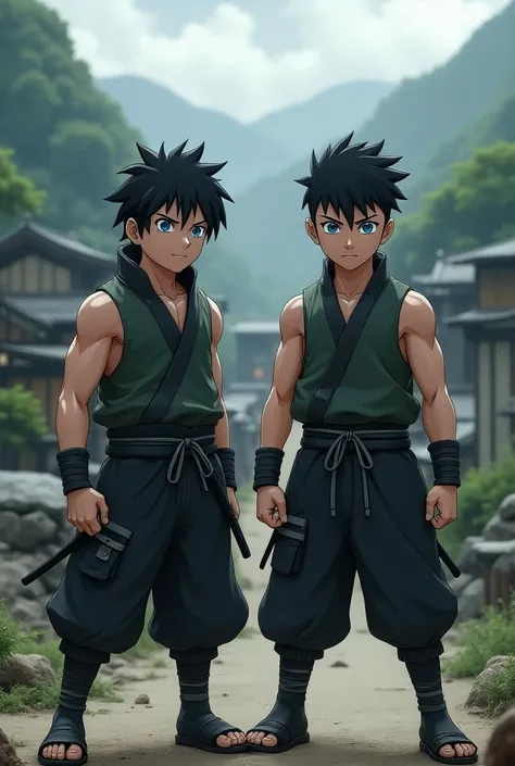  Naruto character with black hair,  blue eyes ,  ninja clothes , and there are 2 
