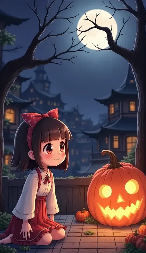 Illustrated wallpaper 、Halloween Night、Yokai and a girl are having a 