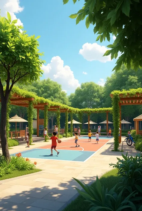  A park with a sports court , play area for ren ,  with pergolas and lots of vegetation 