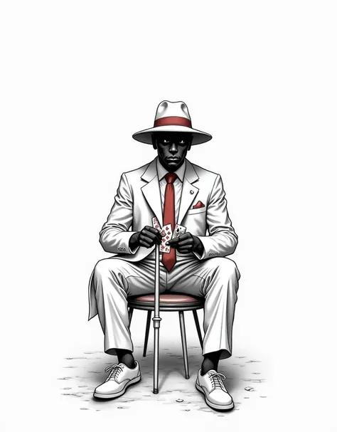  Black and white drawing in the fine line sketch style and pointillism by Zé Pilintra, a faceless black man , sitting, playing cards, with her legs crossed, holding a cane, Head down, white Panama hat with a red stripe , white suit, white shirt, Red tie, w...