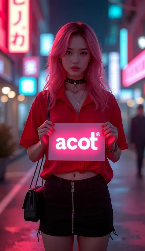 Thai girl,25 years old,long straight red hair,cute face,far shot,choker,full body,medium wavy pink hair,large earring,small bag,red shirt,miniskirt,night light,city,Photography,Surrounded by neon-lit reflections of the cityscape, depth of fields,Night, cyb...