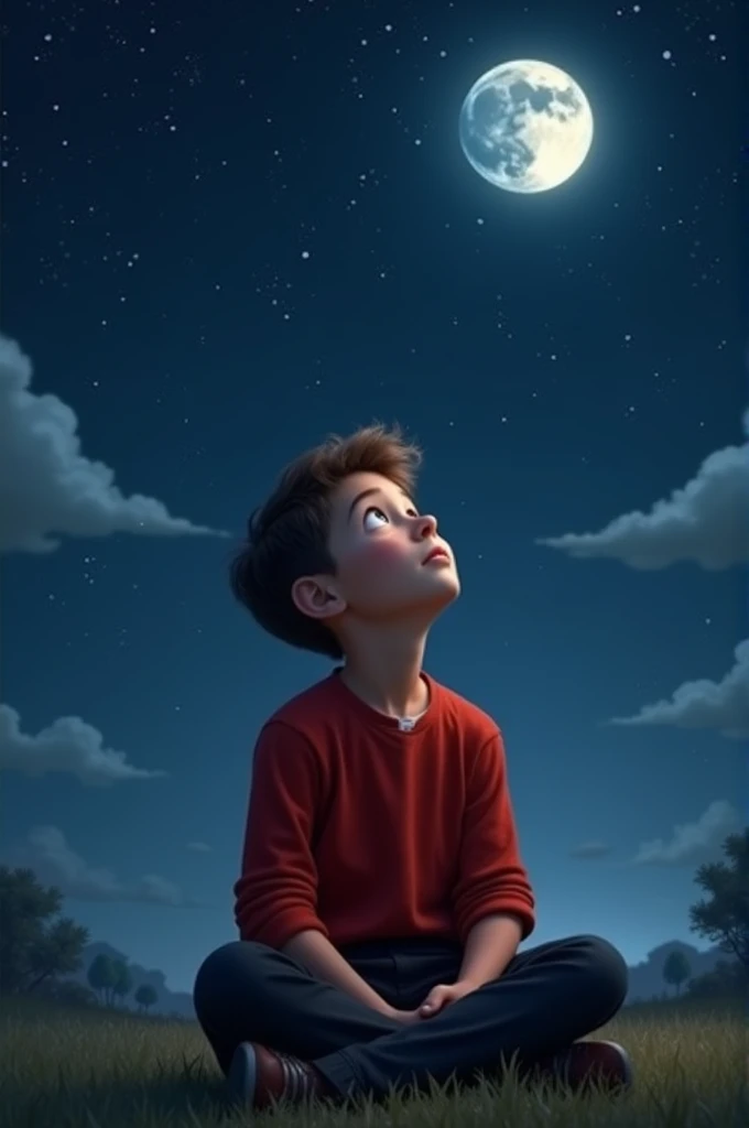 Create A Real Image A young boy is sitting, the stars are twinkling at night, he is looking at the moon in the sky above. The color of his shirt is red and his pants are black.