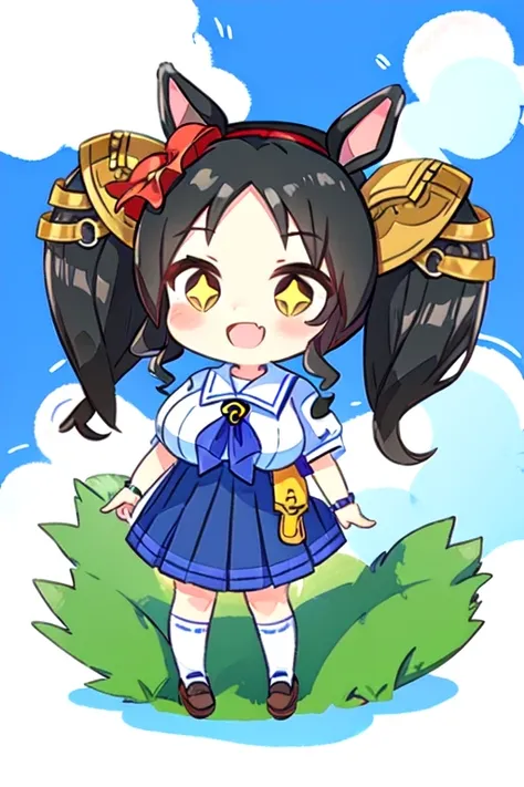 1girl, chibi, marvelous sunday \(umamusume\), black hair, twintails, hair ornament, +_+, large breast, summer uniform